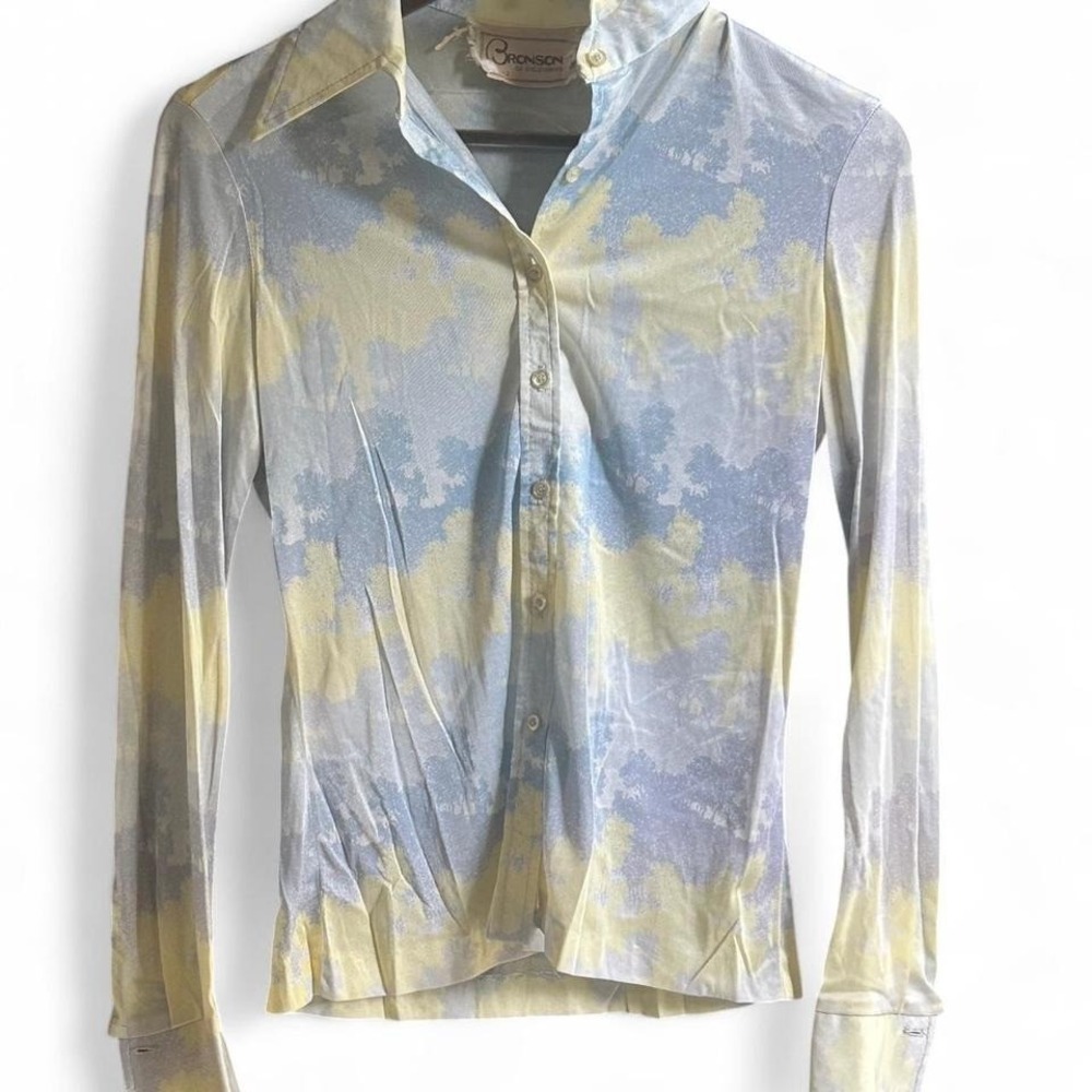 True vintage 70s Blue and yellow mesh aop long sleeve‎ western button up shirt